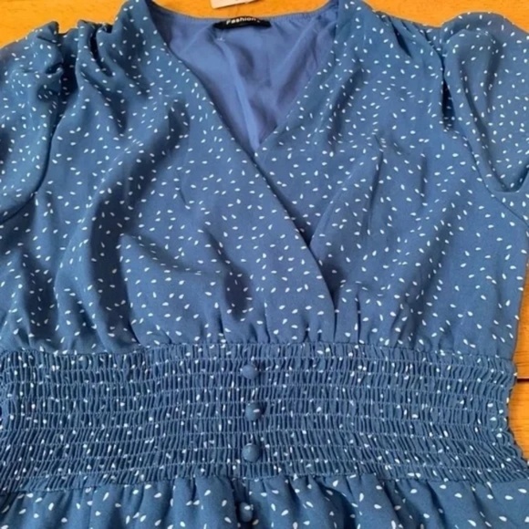 Fashion Blue V Neck Midi Sheer Lined Dress Elastic Waist Boho Chic, Size S - Picture 5 of 11